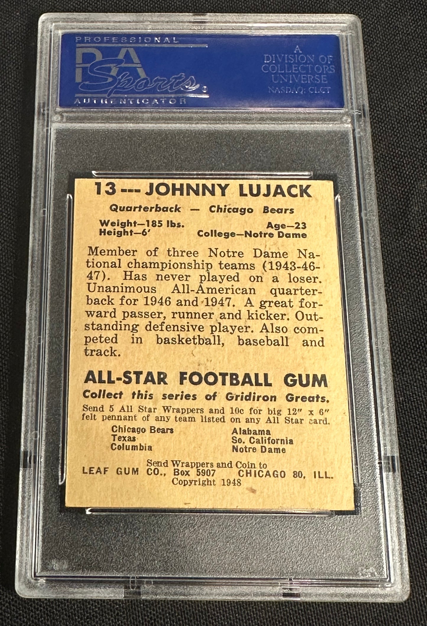 1948 Leaf Johnny Lujack #13 PSA 7