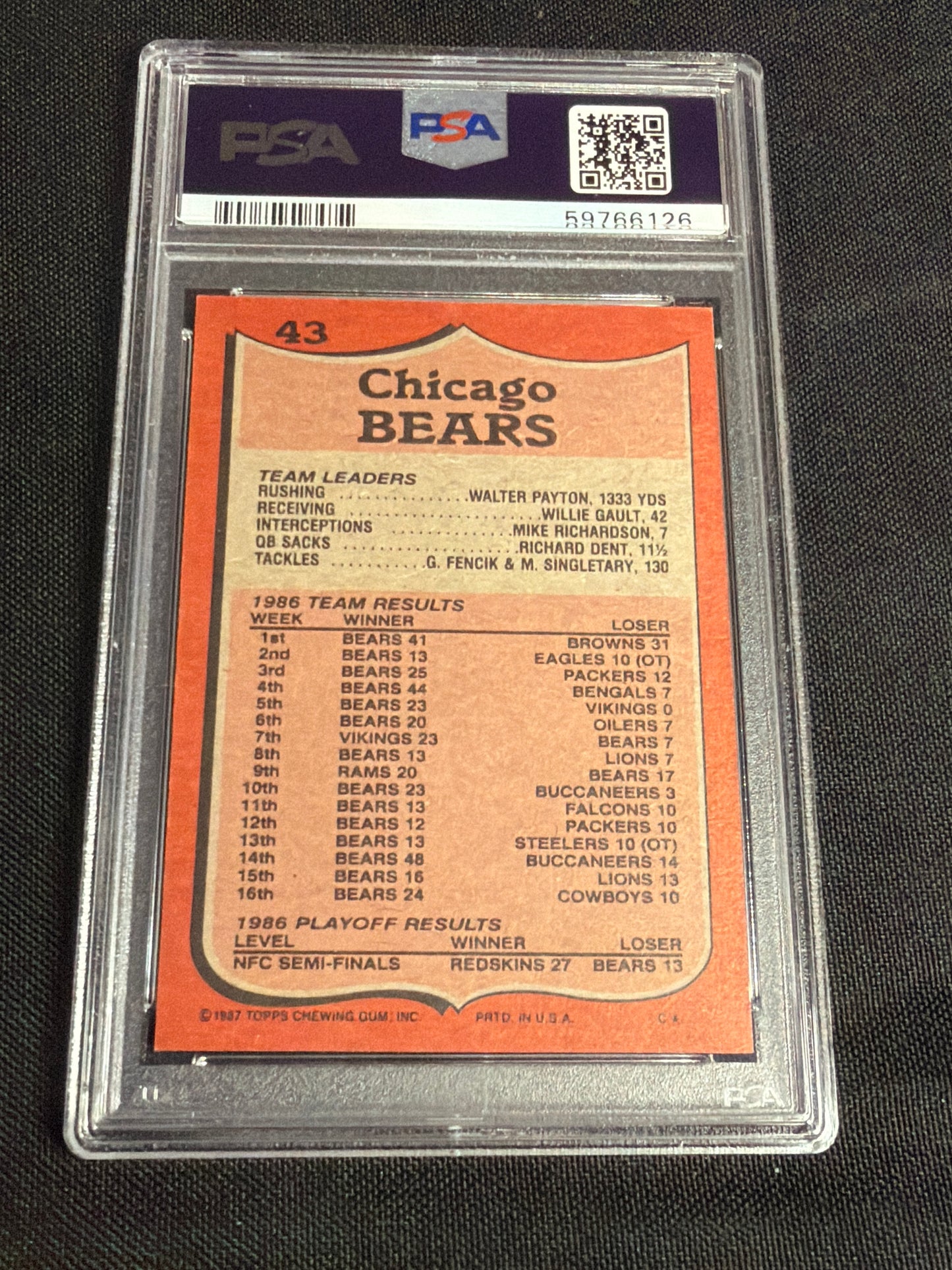 1987 Topps Bears Team Leaders #43 Payton Barrels Forward PSA 10