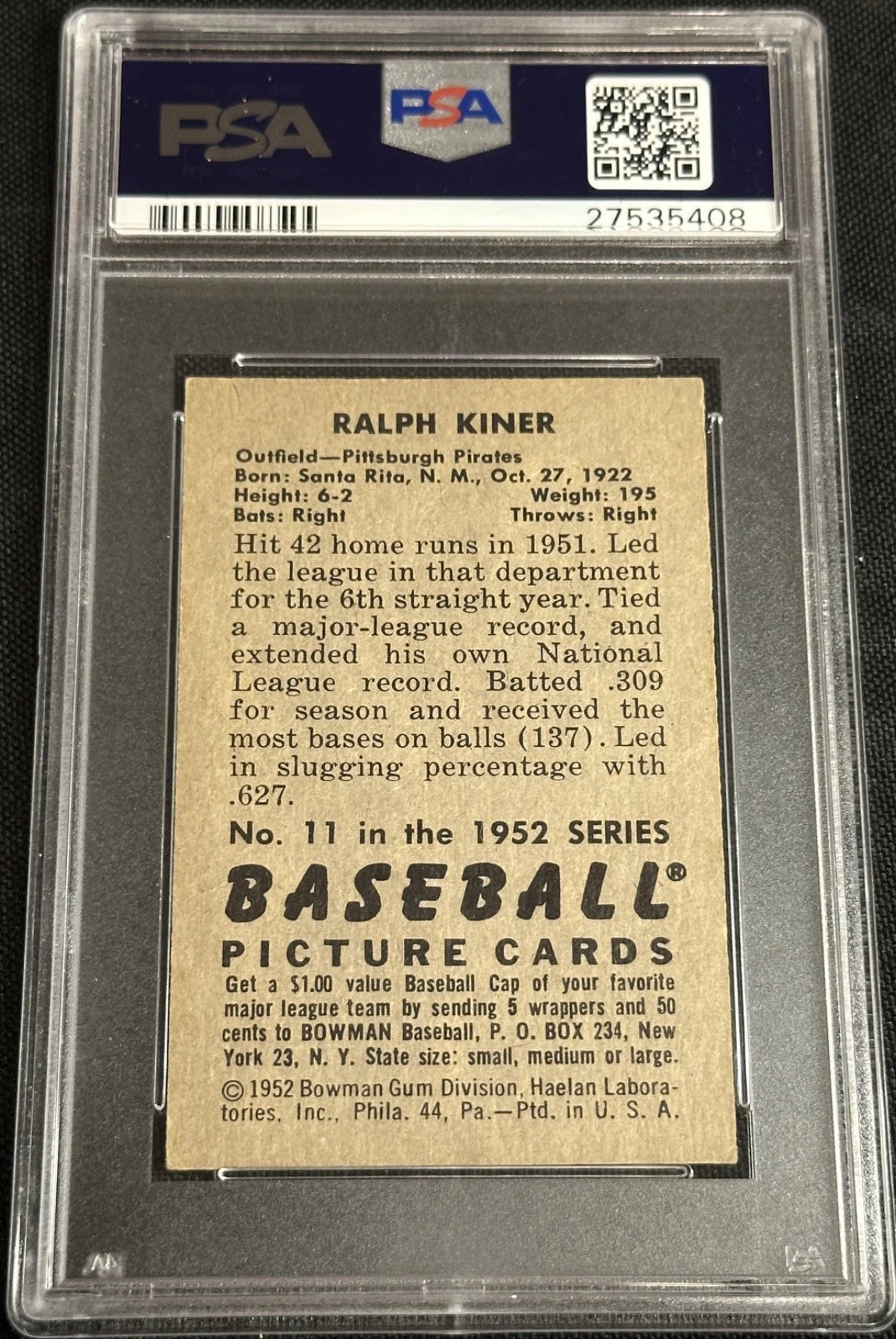 1952 Bowman Ralph Kiner #11 PSA 5.5