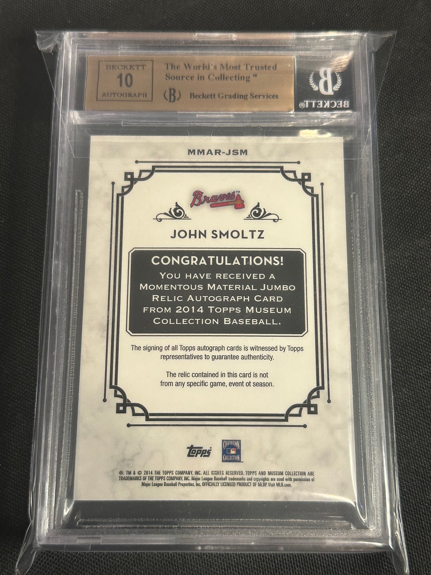 2014 Topps Museum Collection Jumbo Relic Autographs John Smoltz #MMARJSM BGS 9.5