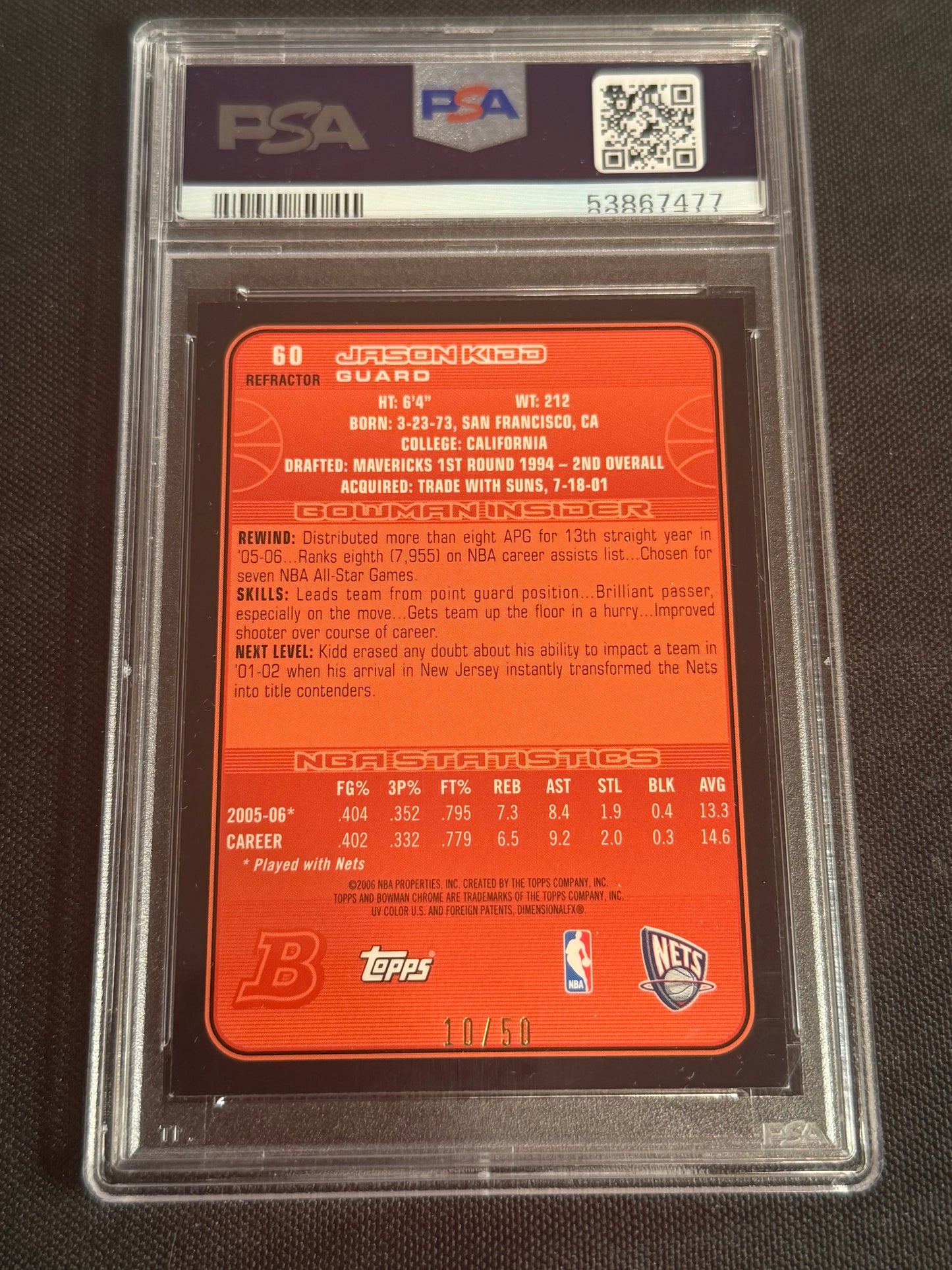 2006 Bowman Chrome Jason Kidd #60 Gold Refractor PSA 9