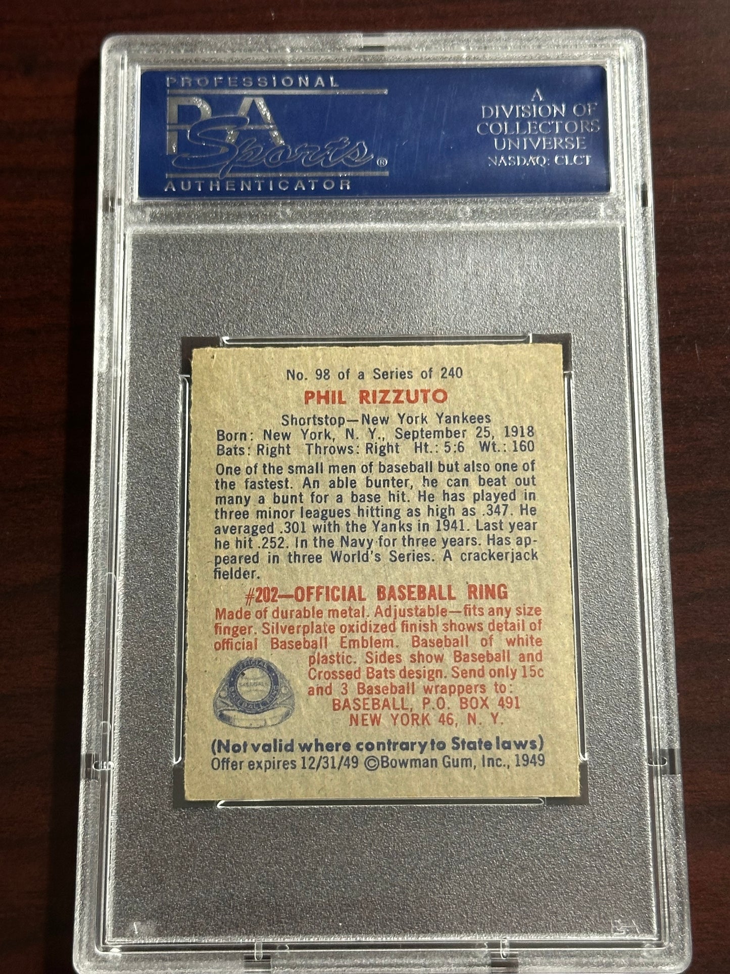 1949 Bowman Phil Rizzuto #98 No Name On Front PSA 8.5