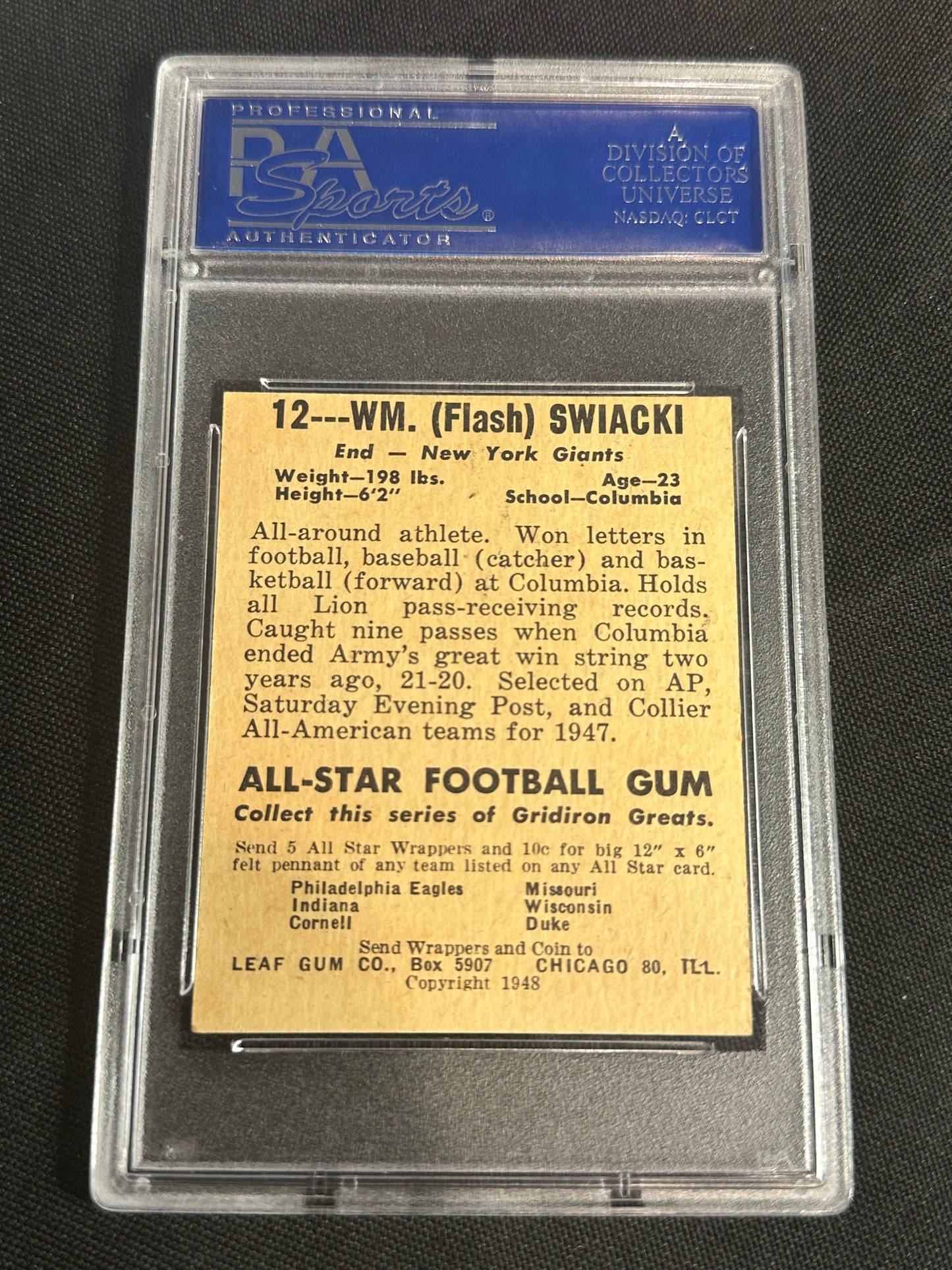 1948 Leaf William Swiacki #12 Black Name On Front PSA 7