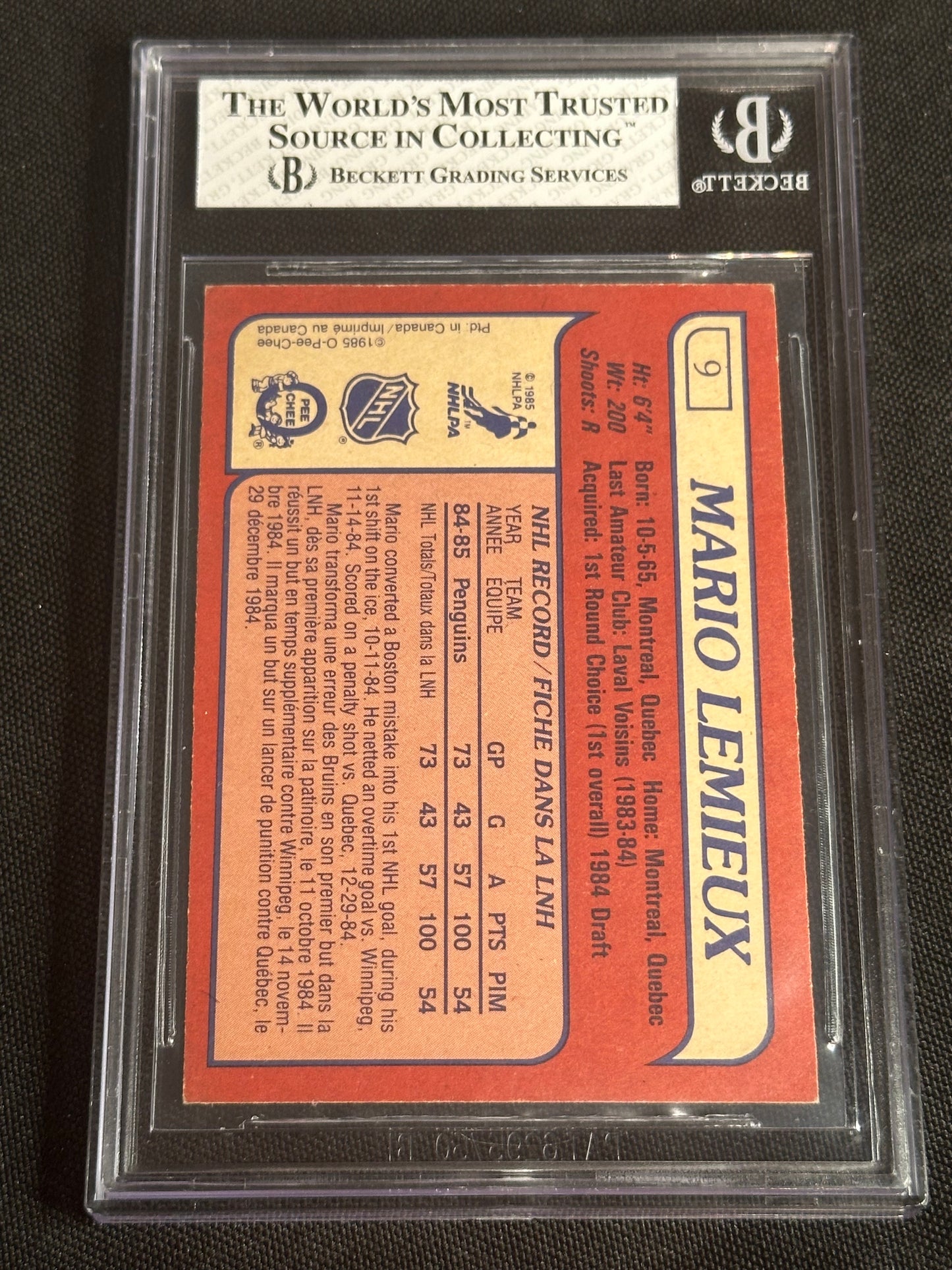 1985 O-Pee-Chee Mario Lemieux #9 Rookie BGS 6