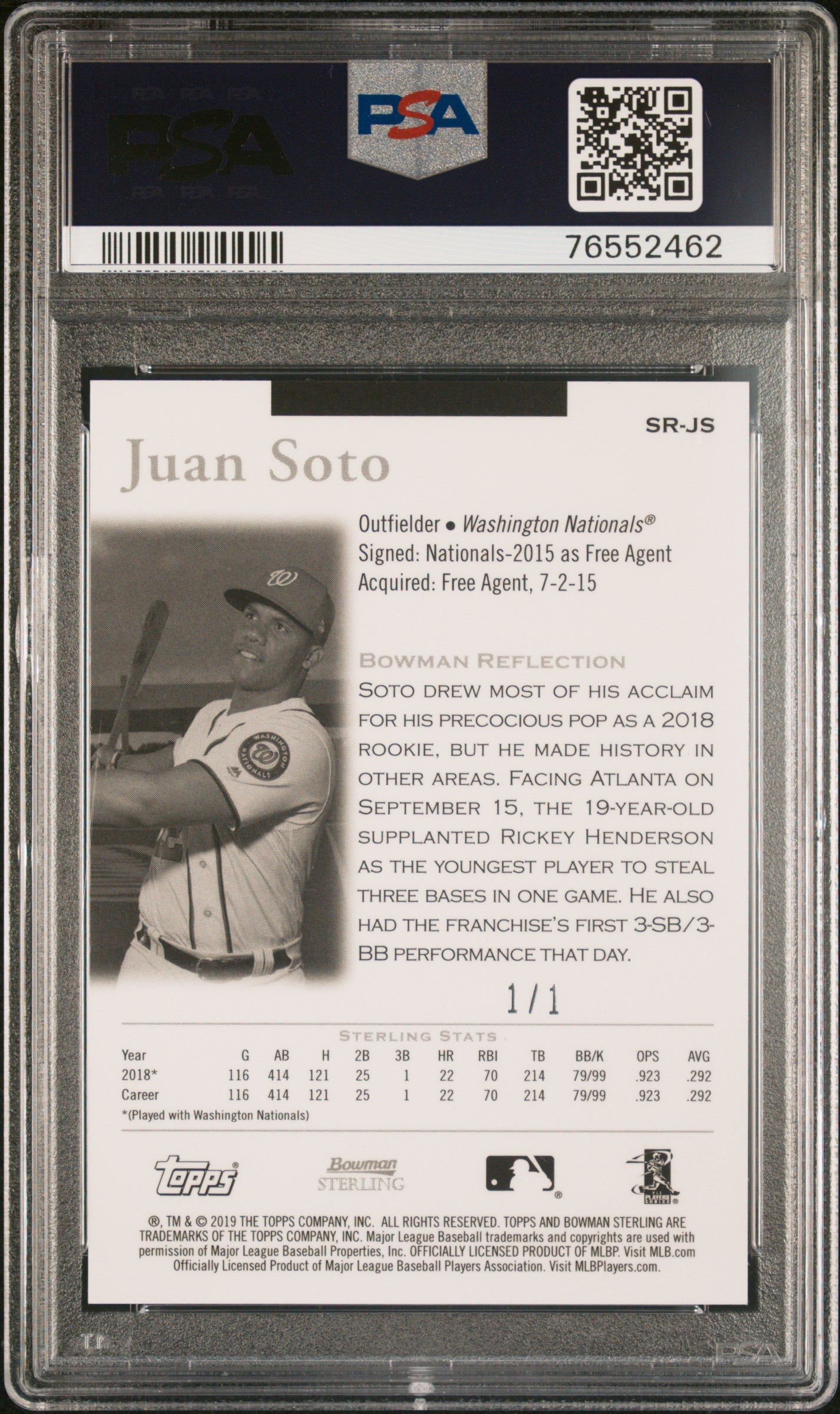 2019 Bowman Sterling Sterling Retrospect superfractor Juan Soto 1/1 PSA 10