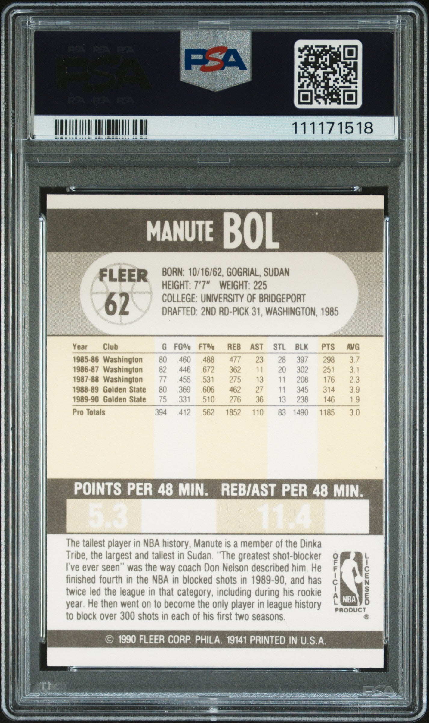 1990 Fleer Manute Bol #62 PSA A