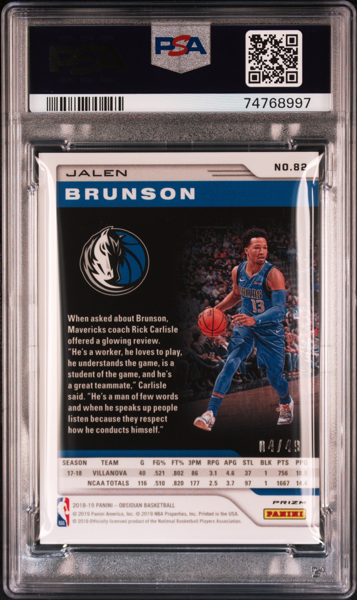2018 Panini Obsidian Jalen Brunson #82 Purple PSA 10