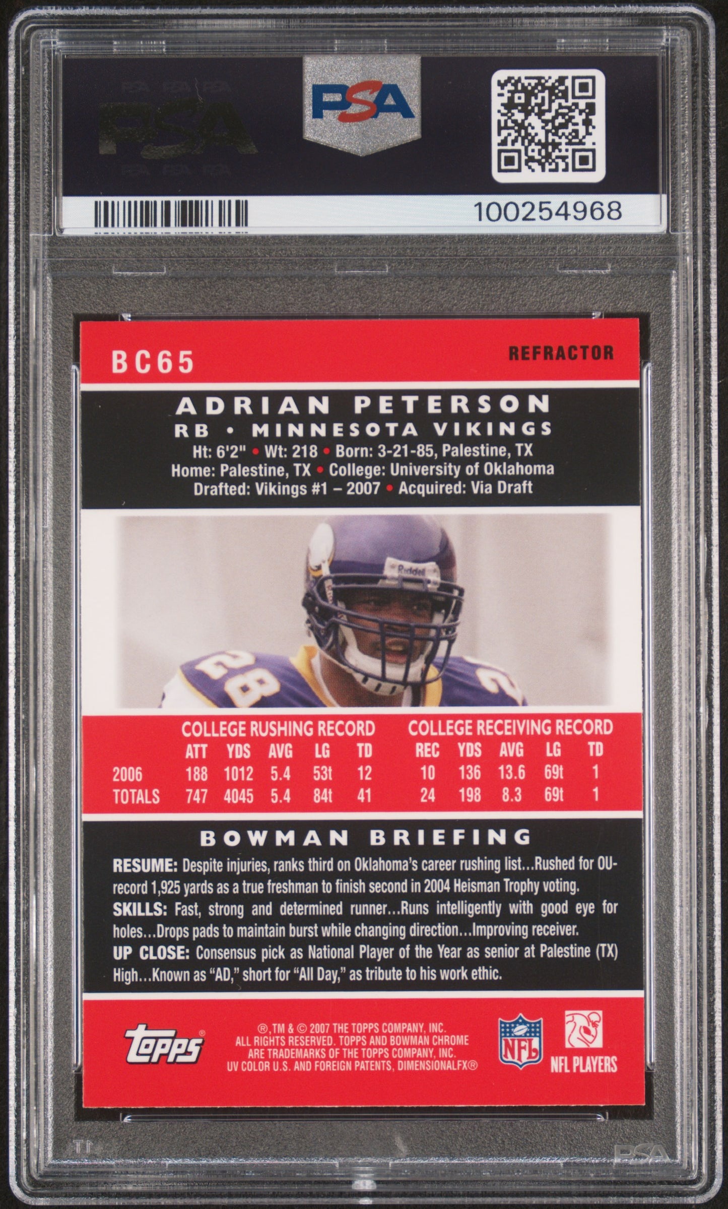 2007 Bowman Chrome Adrian Peterson #BC65 Refractor PSA 10