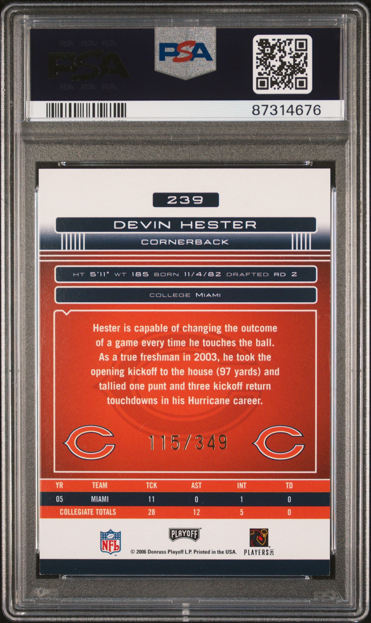 2006 Playoff Absolute Memorabilia Devin Hester #239 Autograph PSA 8