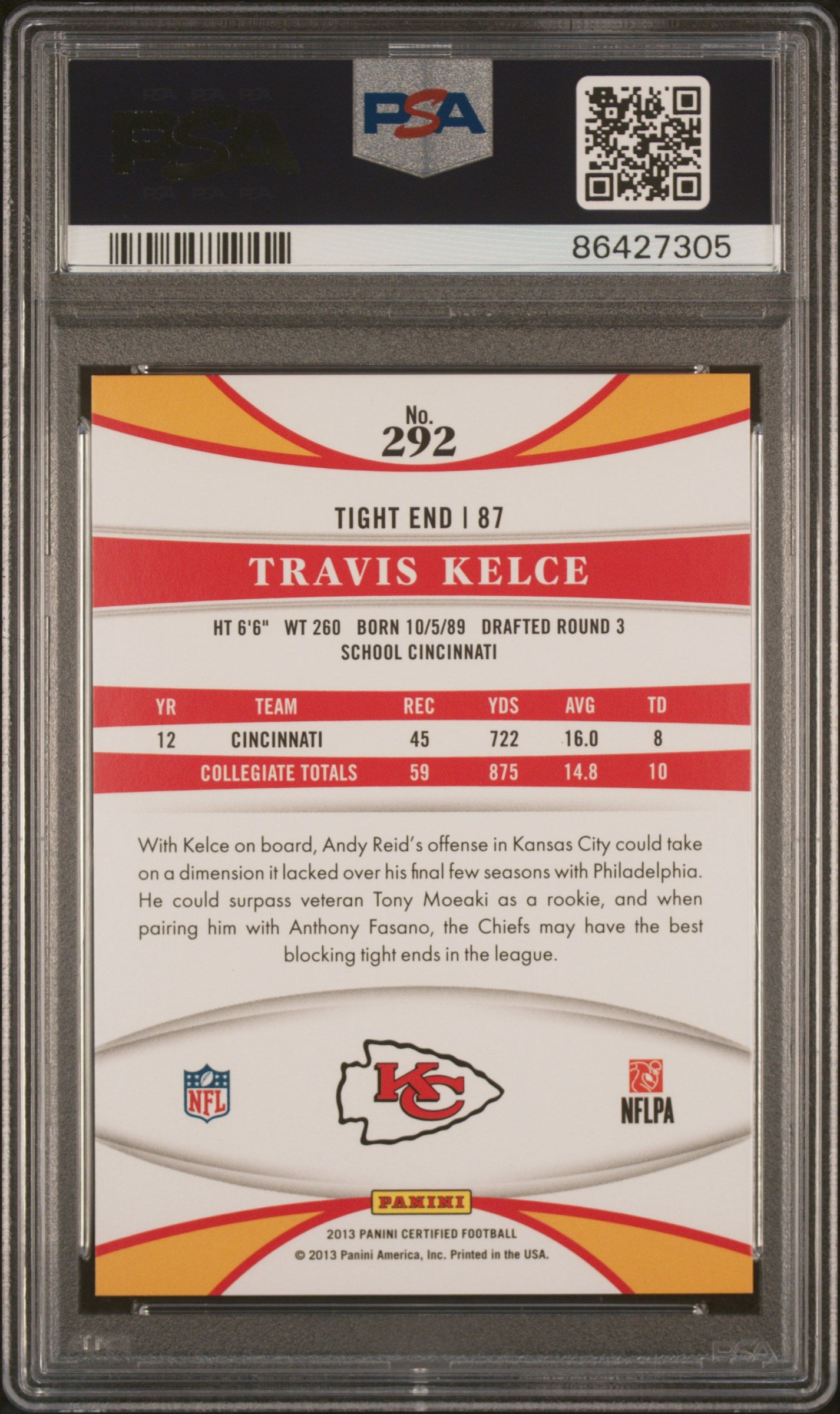 2013 Panini Certified Travis Kelce #292 Mirror Red 239/250 PSA 10