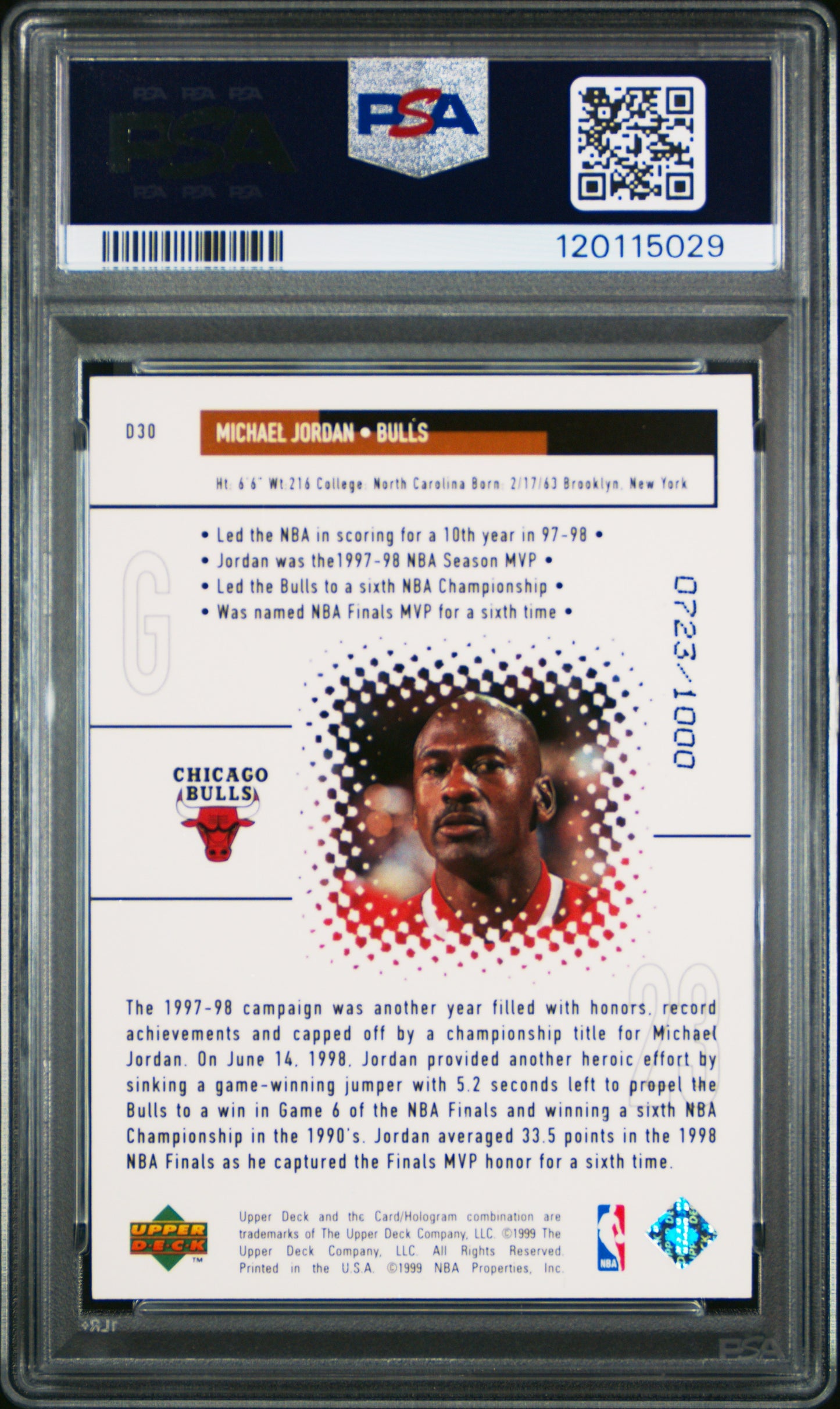 1998 Upper Deck Black Diamond Diamond Dominance Michael Jordan #D30 PSA 8