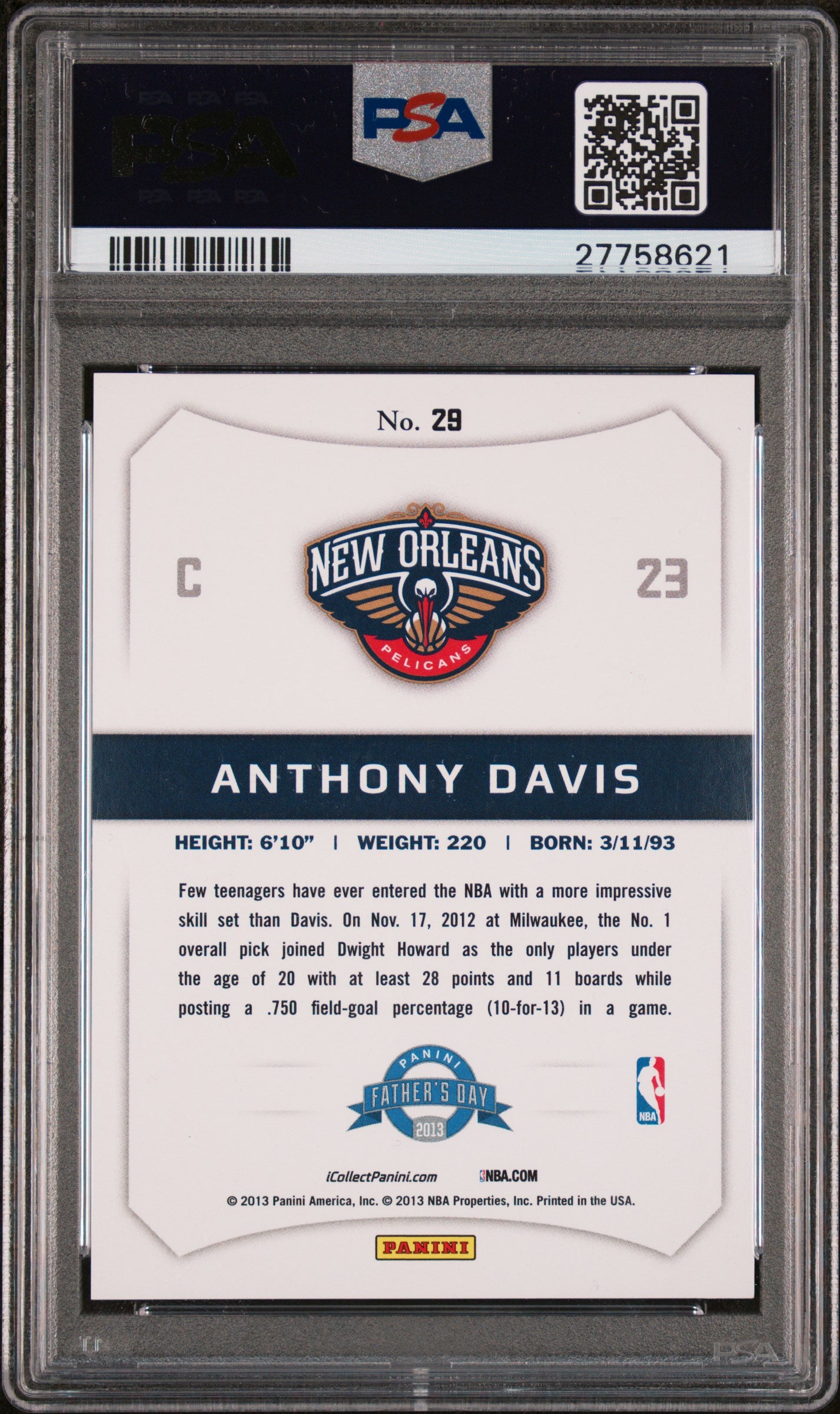 2013 Panini Father's Day Anthony Davis #29 Lava Flow PSA 10
