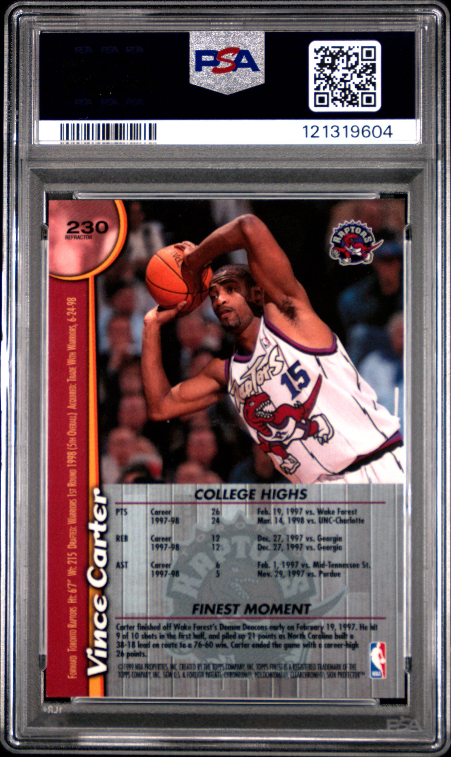 1998 Finest Vince Carter #230 Refractor PSA 10