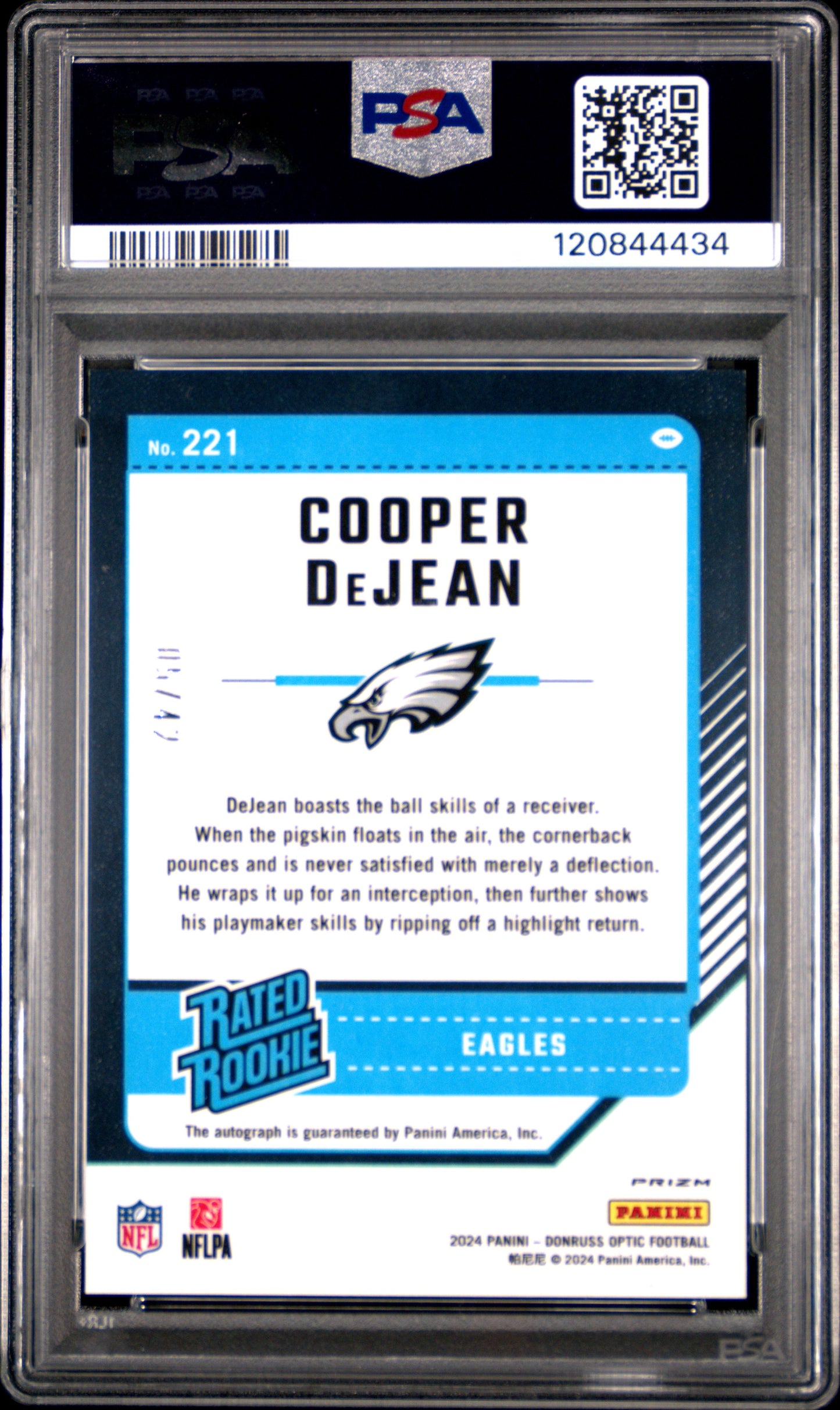 2024 Panini Donruss Optic Cooper Dejean #221 Autograph Purple Stars PSA 10