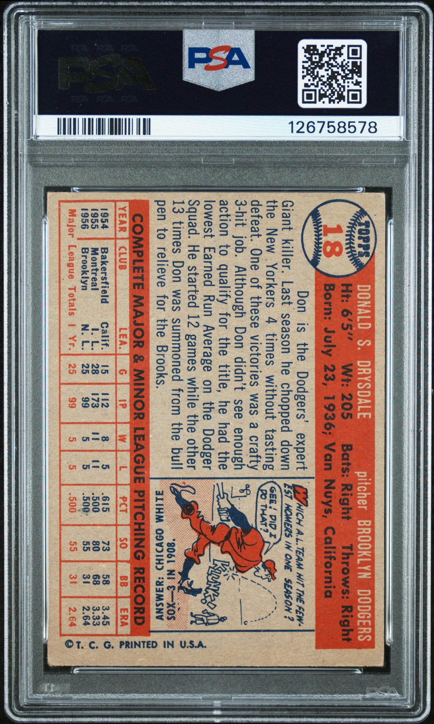 1957 Topps Don Drysdale #18 PSA 3.5