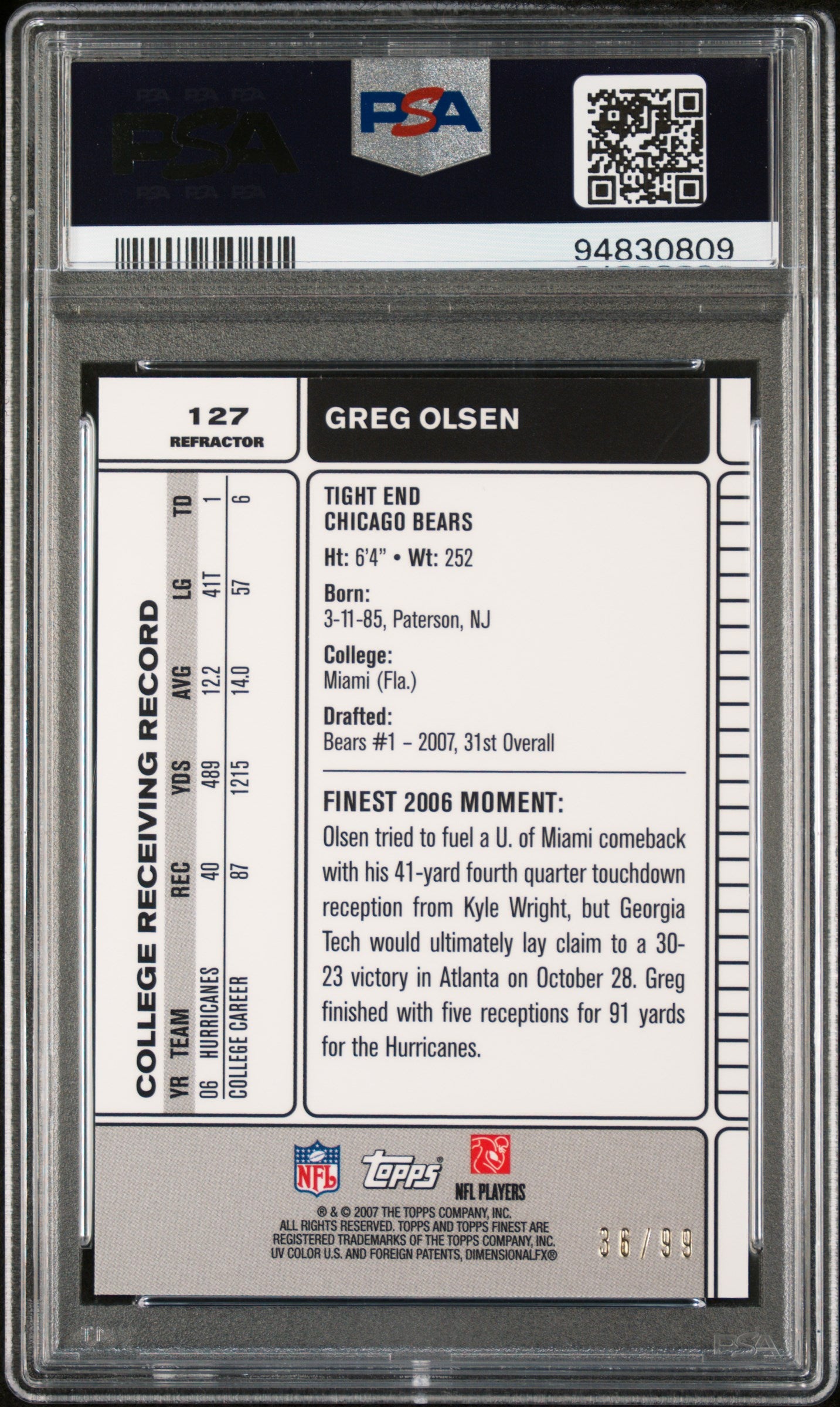 2007 Finest Greg Olsen #127 Black Refractor Rookie / Low Pop PSA 10