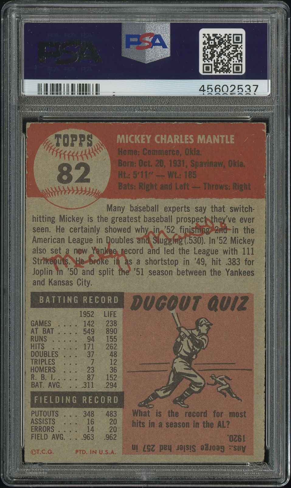 1953 Topps Mickey Mantle #82 PSA 3