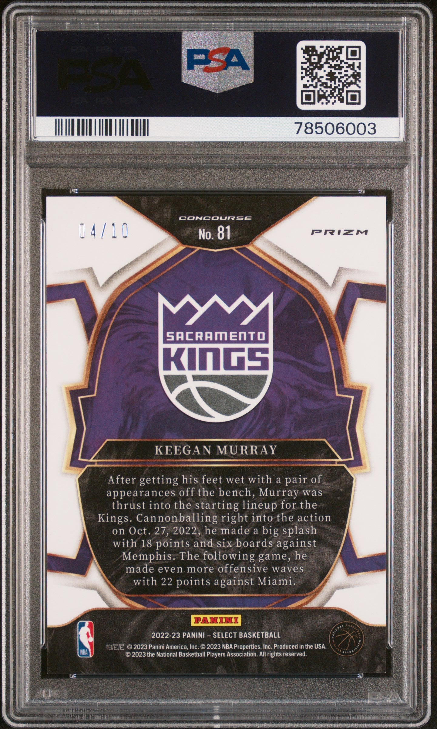 2022 Panini Select Keegan Murray #81 Gold Disco #4/10 PSA 9