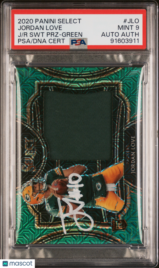 2020 Panini Select Jumbo Rookie Swatch Prizm Green Jordan Love #JLO PSA 9 # 5/5