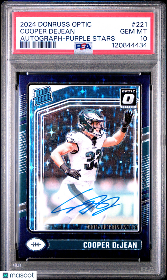 2024 Panini Donruss Optic Cooper Dejean #221 Autograph Purple Stars PSA 10