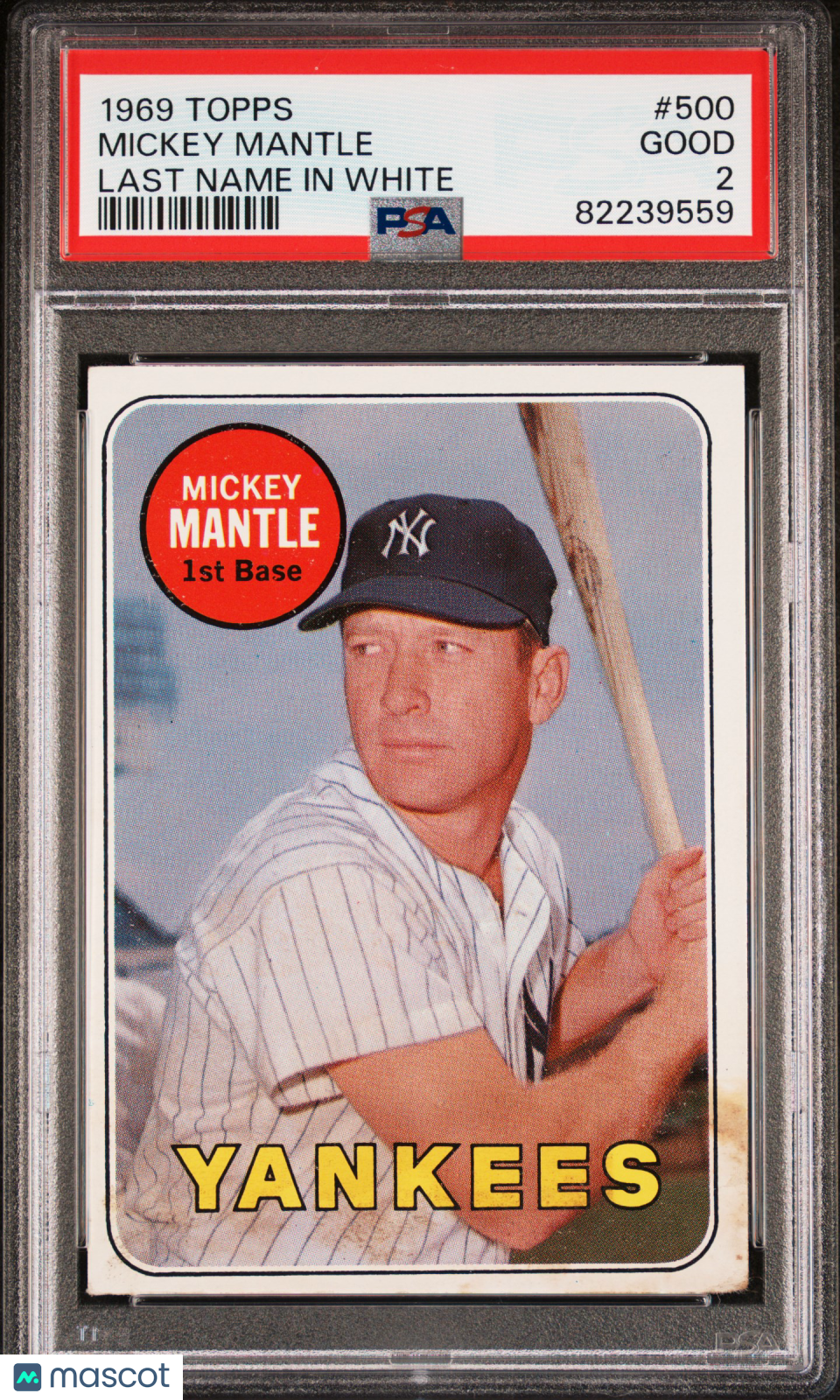 1969 Topps Mickey Mantle #500 Last Name In White PSA 2