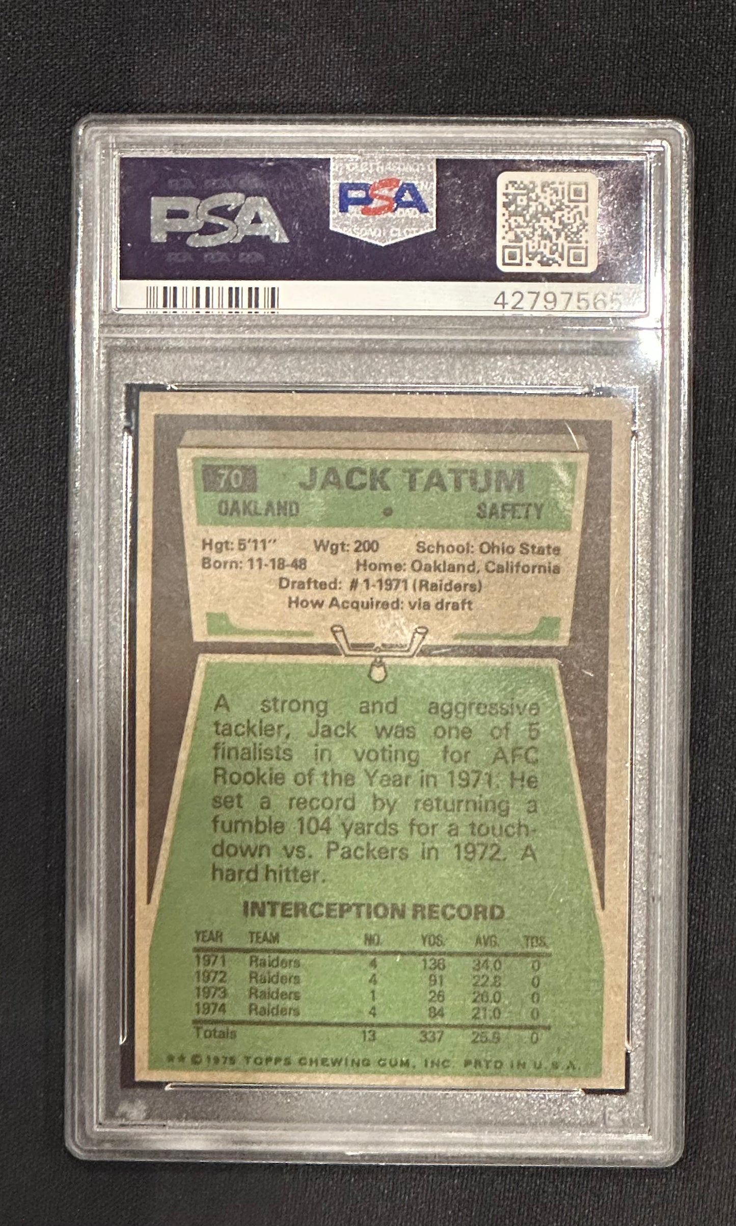 1975 Topps Jack Tatum #70 PSA 9