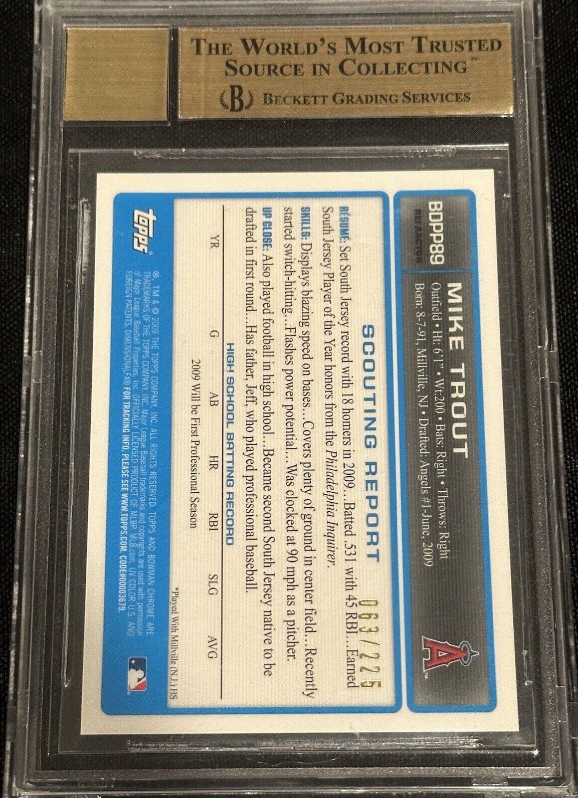 2009 Bowman Chrome XFractor Mike Trout RC Rookie # 63/225 BGS 9.5 w/ 10 AUTO