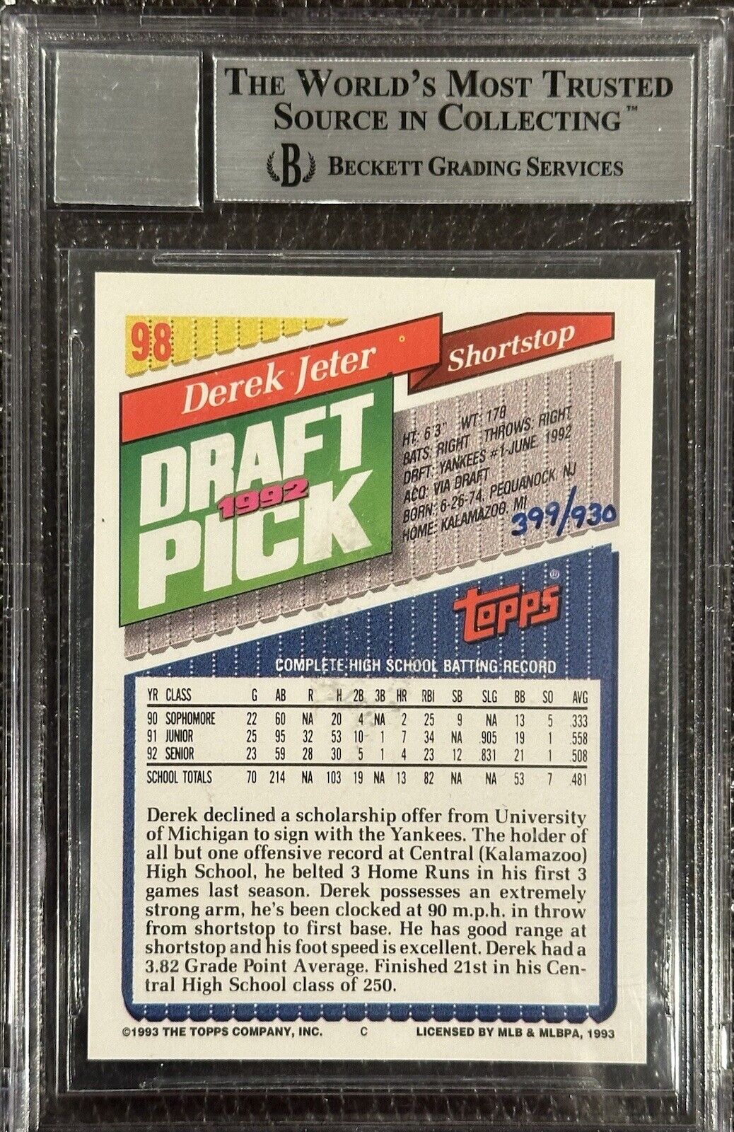 1993 Topps Derek Jeter Auto BGS 10 Certified Autograph Signed Rookie # /930 RARE