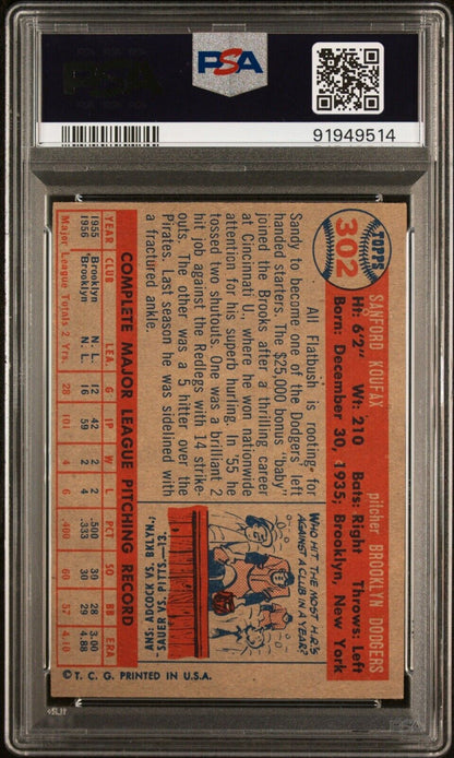 1957 Topps #302 Sandy Koufax Dodgers CENTERED HOF PSA 6 - EX/MT