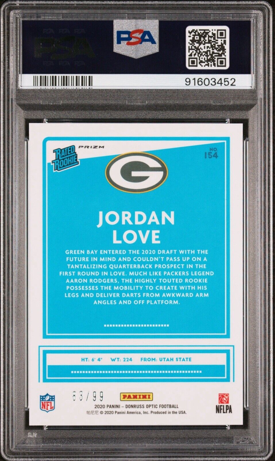 2020 Donruss Optic Jordan Love RED Prizm Rated Rookie Auto /99 PSA 9 10 AUTO