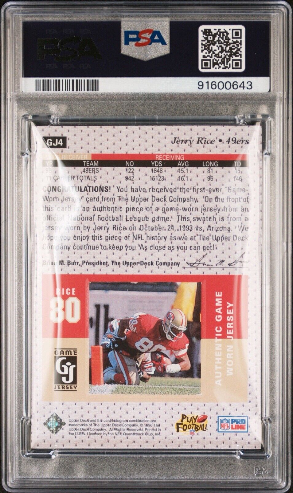 1996 Upper Deck Game Jersey Jerry Rice First Jersey card PSA/DNA 10 AUTOGRAPH