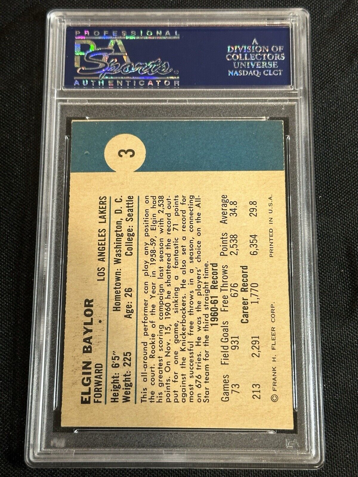 1961 Fleer #3 Elgin Baylor Rookie RC PSA 7 CENTERED