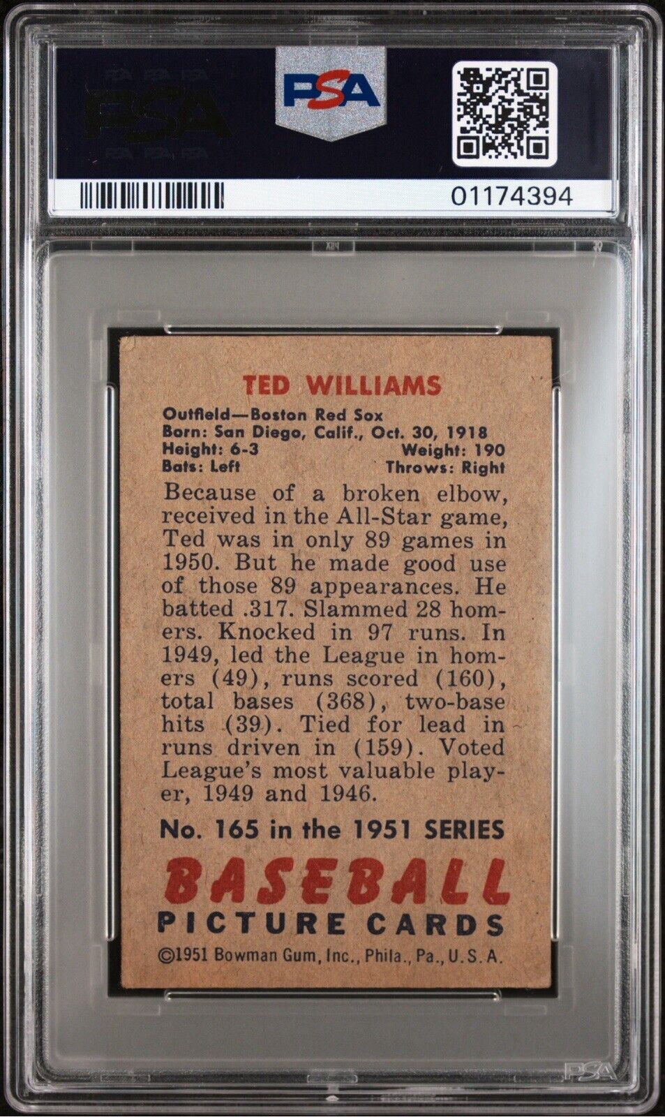 1951 Bowman Ted Williams #165 Boston Red Sox HOF PSA 5