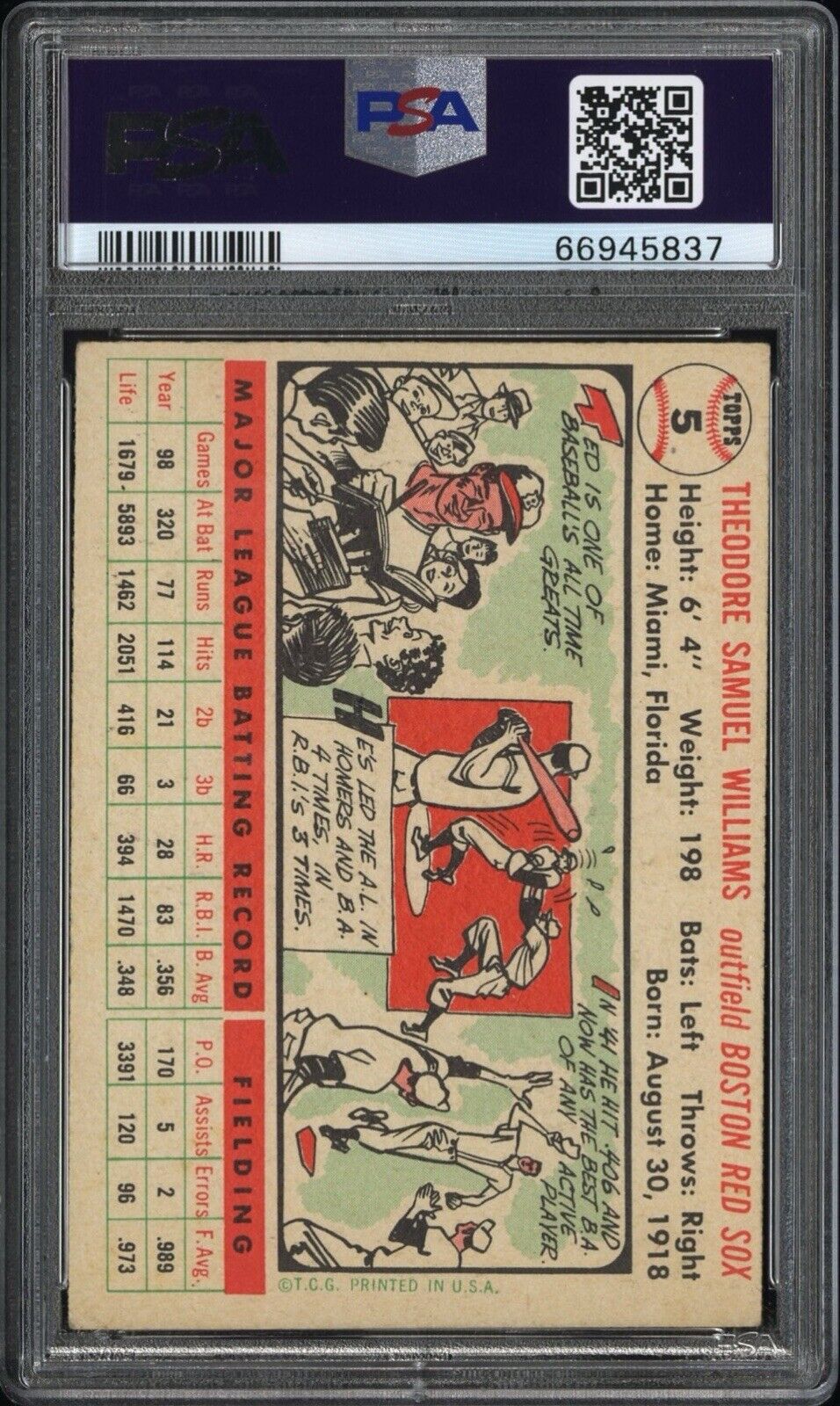 1956 Topps Ted Williams (White Back) #5 PSA 6.5 Ex-MT+ CENTERED RED SOCKS