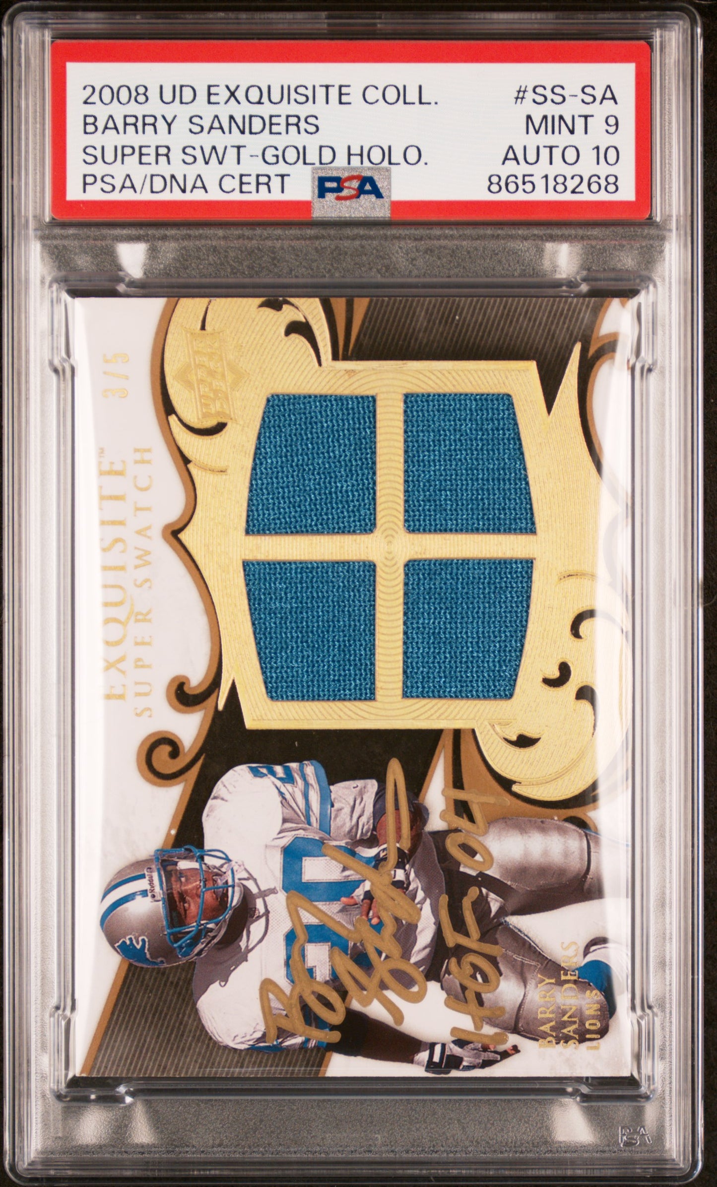 2008 UD Exquisite Collection Super Swatch GOLD Barry Sanders PSA 9 /10 AUTO #3/5