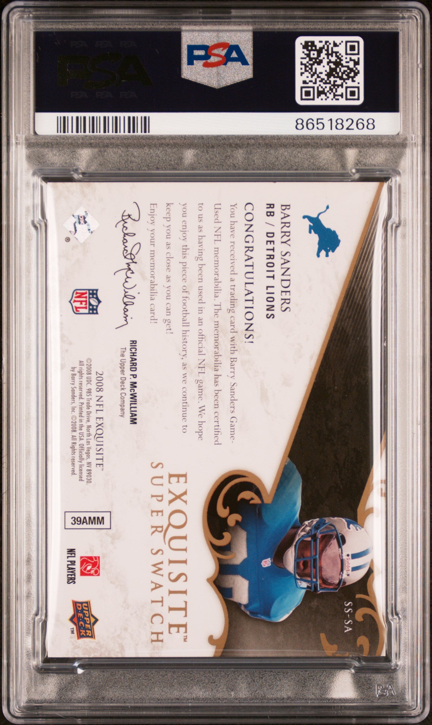 2008 UD Exquisite Collection Super Swatch GOLD Barry Sanders PSA 9 /10 AUTO #3/5