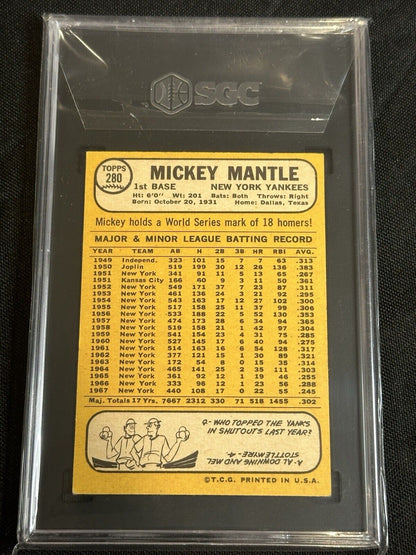 1968 TOPPS #280 MICKEY MANTLE NEW YORK YANKEES SGC 4.5 VG/EX+