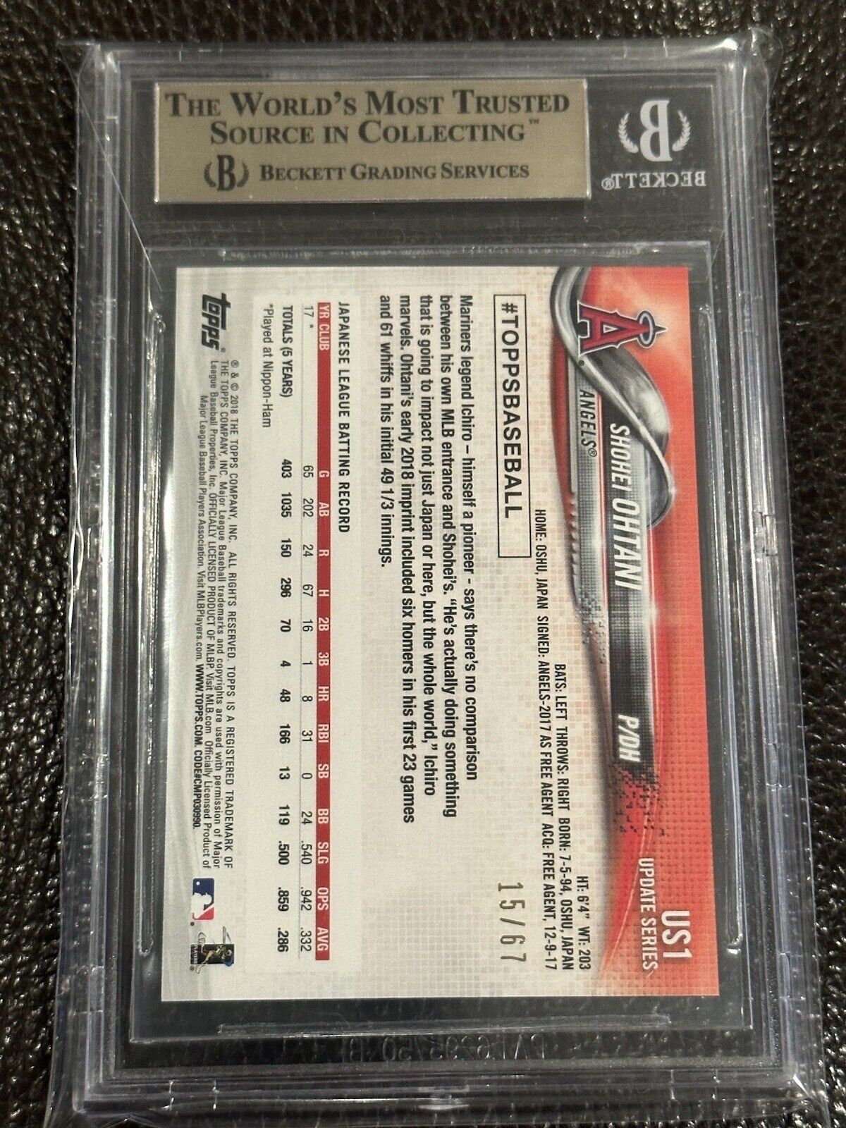 SHOHEI OHTANI BGS 9.5 2018 TOPPS UPDATE #US1 ROOKIE BLACK #/67 ANGELS RC LOW POP