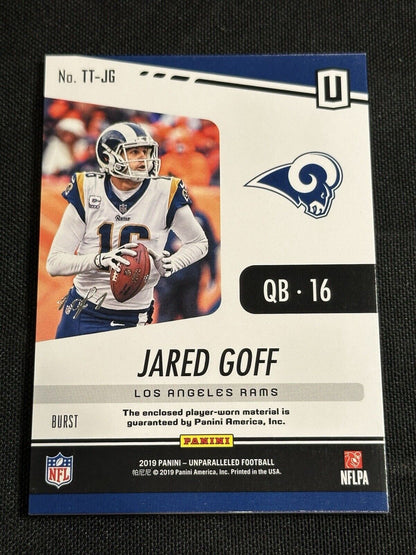 1/1 Jared Goff 2019 Unparalleled Touchdown Threads Laundry Tag BURST One Of One