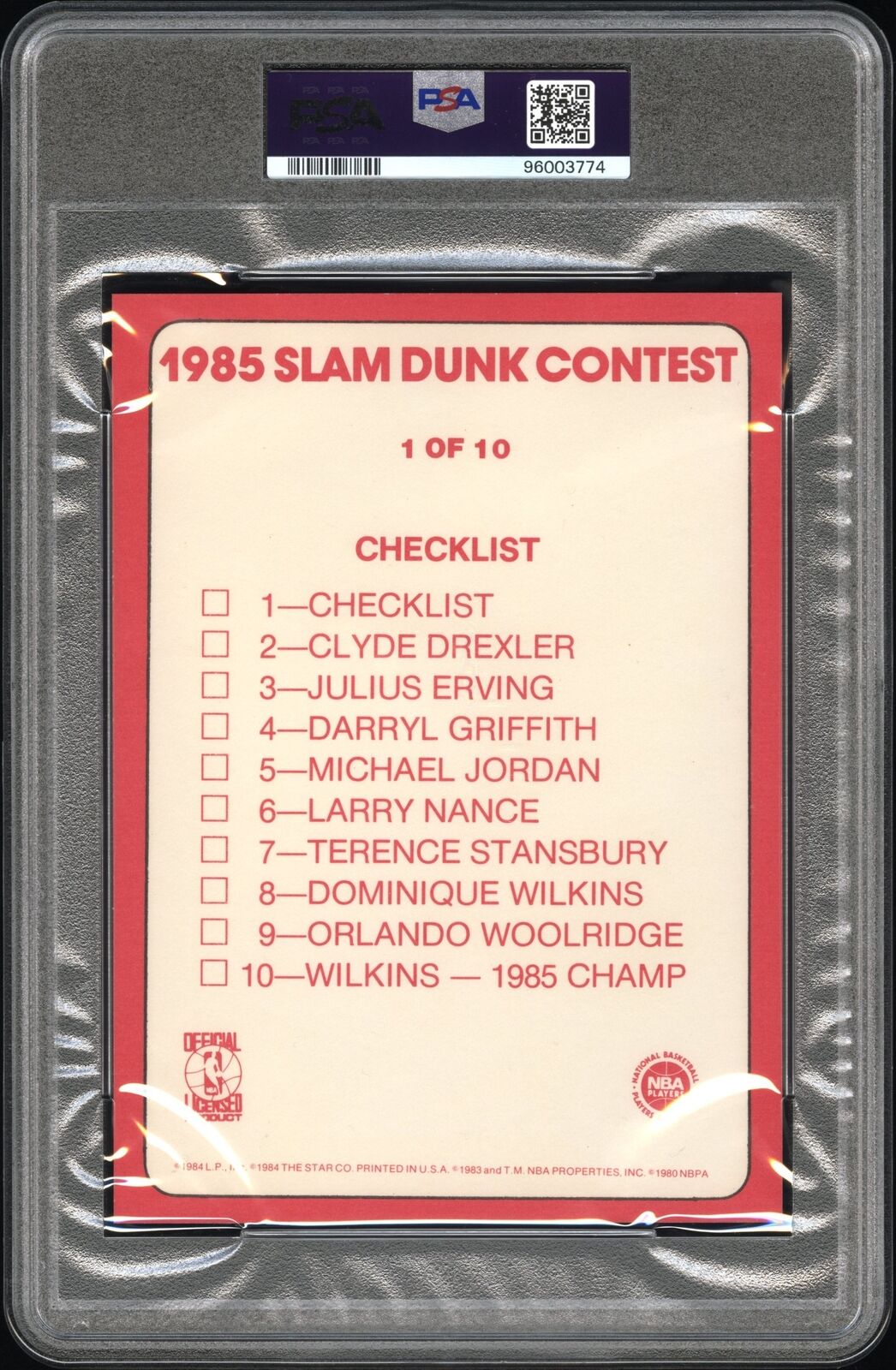 1984-85 Star Slam Dunk Supers 5X7 Checklist #1 PSA 8 POP 9 NONE HIGHER