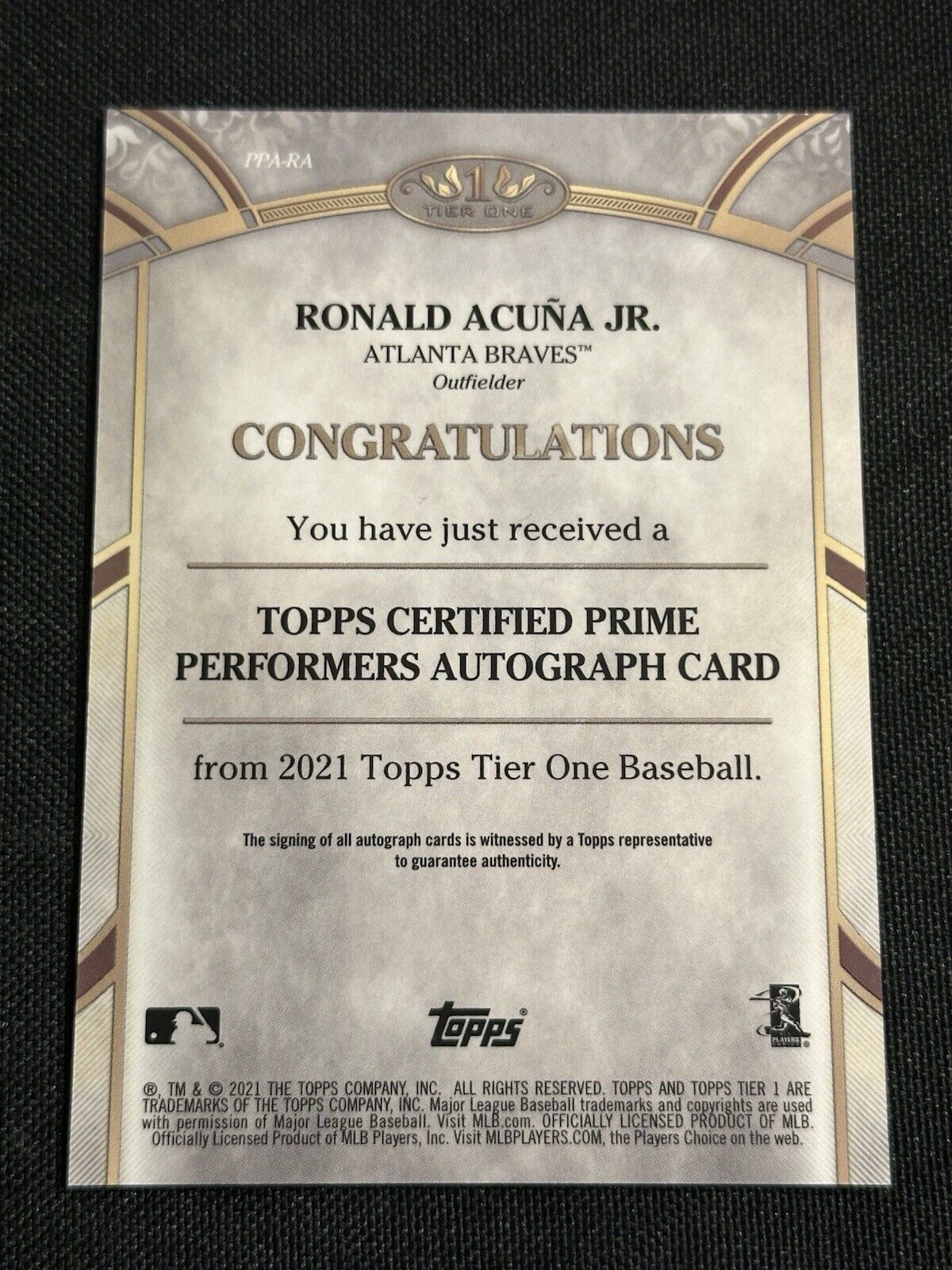 2021 Topps Tier One Ronald Acuna Jr Prime Performers Auto #’ed /70 Braves 🔥