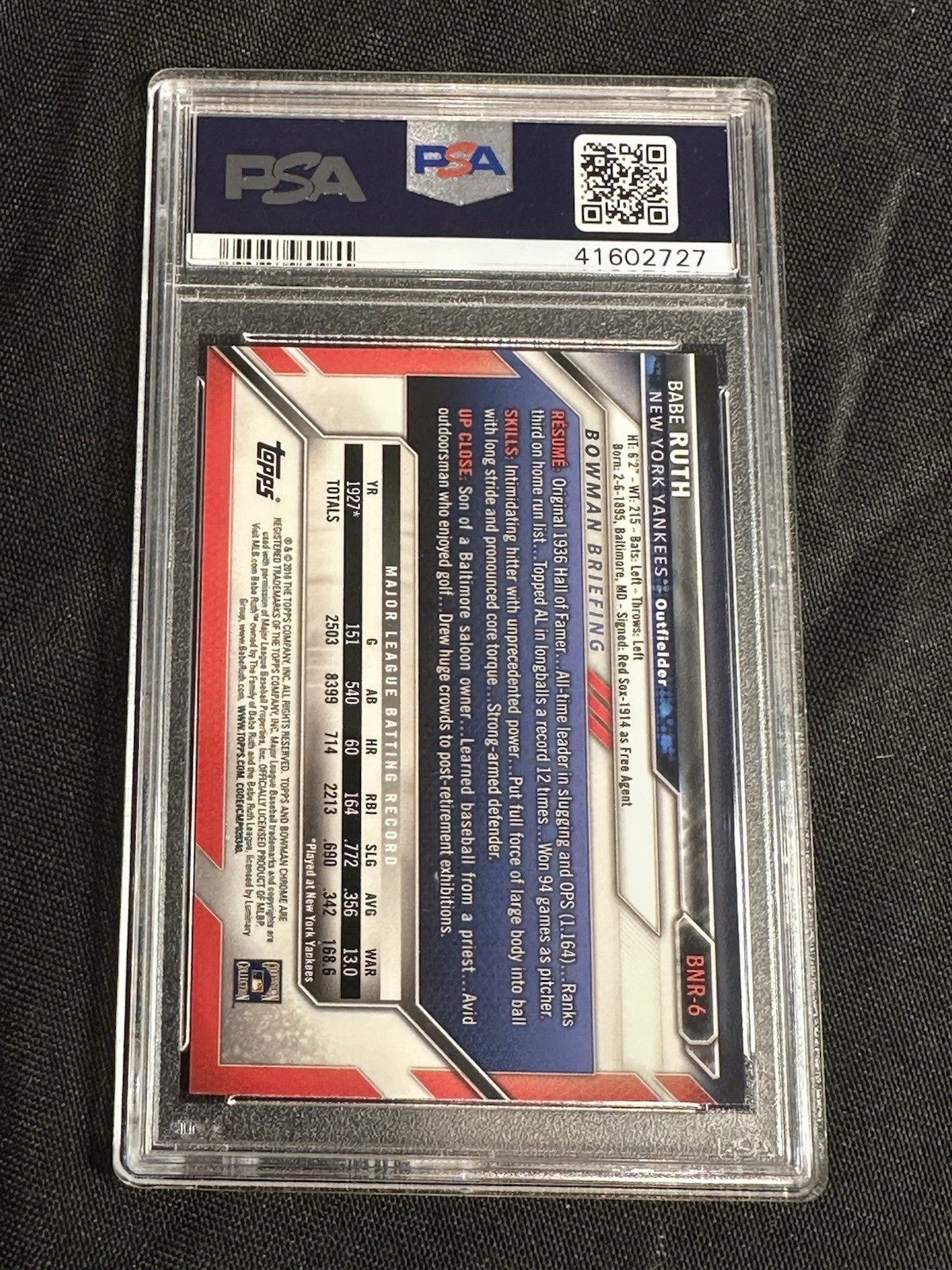 2016 Bowman Chrome NSCC National #BNR-6 Babe Ruth Yankees Prism Refractor PSA 10