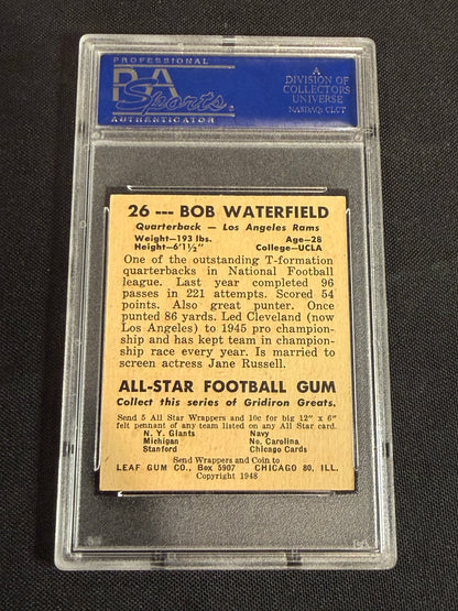 1948 Leaf Bob Waterfield #26 Black Name On Front PSA 8