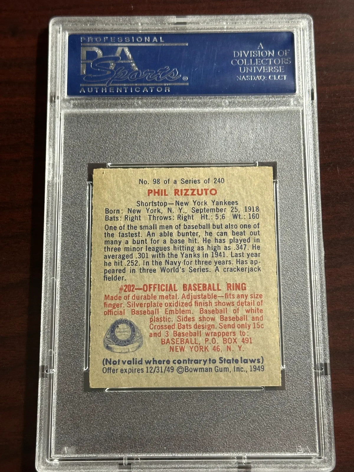 1949 Bowman Phil Rizzuto #98 No Name On Front PSA 8.5