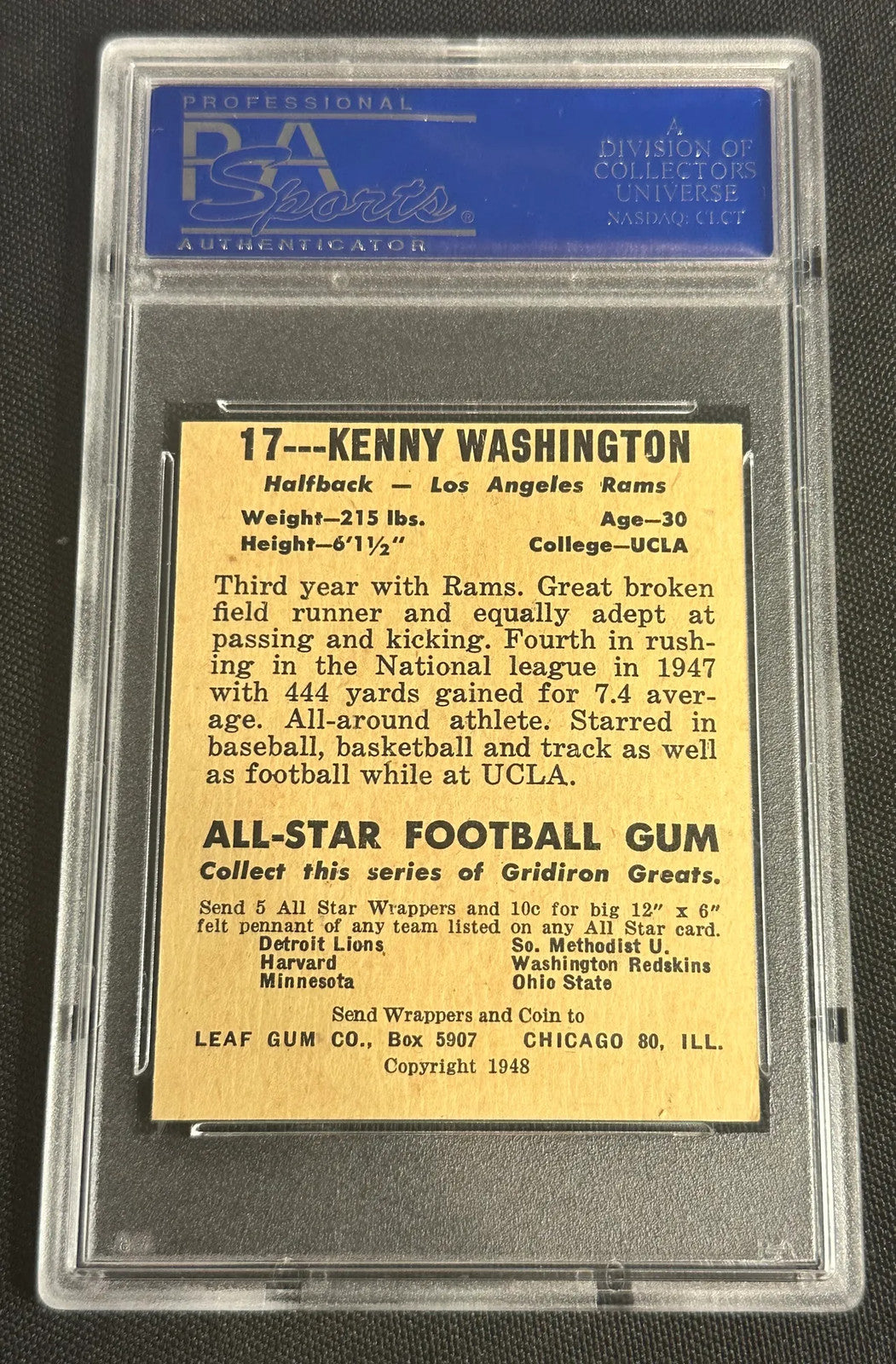 1948 Leaf Kenny Washington #17 Black Name On Front PSA 7