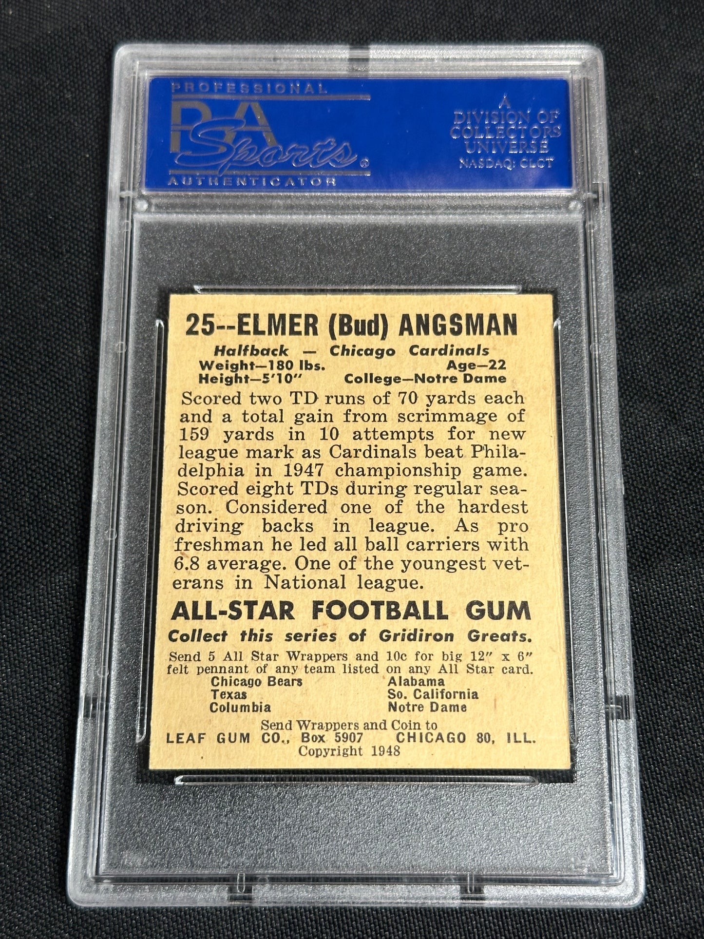 1948 Leaf Bud Angsman #25 Black Name On Front PSA 7