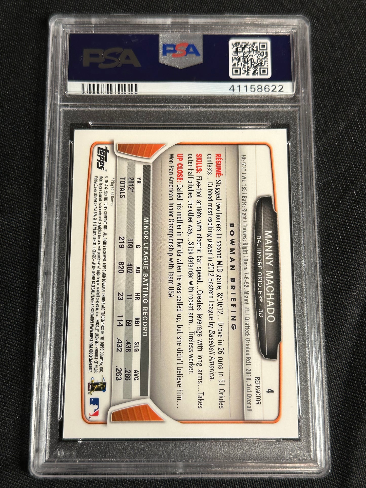 2013 Bowman Chrome DP Manny Machado #4 Blue Wave PSA 10
