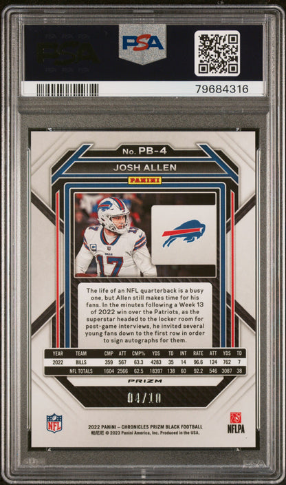 2022 Panini Chronicles Prizm Black Josh Allen #PB4 Prizm Black Gold PSA 10