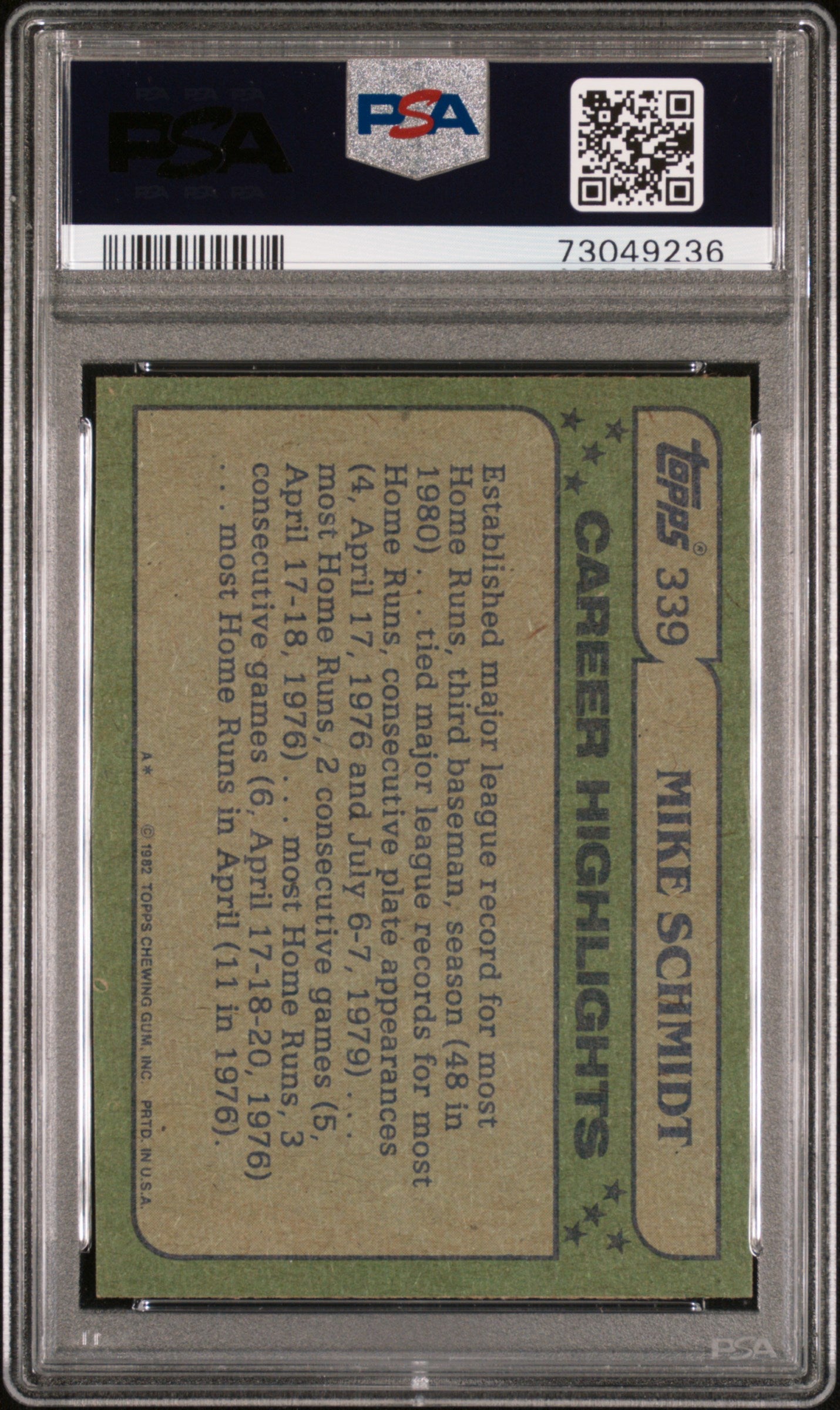 1982 Topps Mike Schmidt #339 HOF Low Pop PSA 10