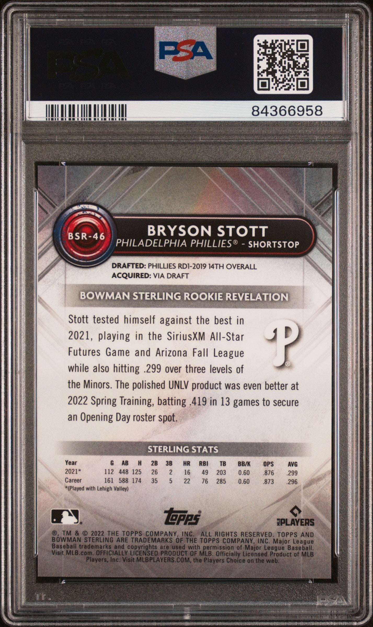 2022 Bowman Sterling Bryson Stott #BSR46 Mini Diamond Refractor 015/150 PSA 10